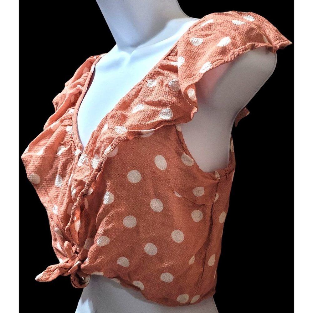 Jolt Women's Size Medium Polka Dot Ruffle Crop Top Short Sleeve Button Front - Picture 3 of 6